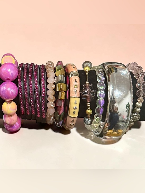 Signature Faith Jewelry - Boho Mixed Media Bracelet Stack • Pink Rhinestone Crystal Beaded Bangle Set